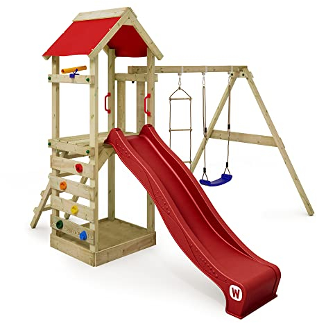 WICKEY Spielturm Klettergerüst FreeFlyer mit Schaukel & roter Rutsche, Outdoor Kinder Kletterturm mit Sandkasten, Leiter & Spiel-Zubehör für den Garten