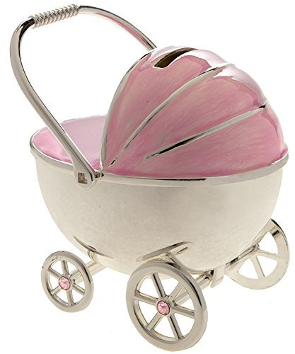 Spardose in Kinderwagen-Form, versilbert, rosa emailliert
