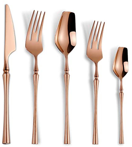 Lemeya 20-Piece Rose Gold Silverware Set for 4,Modern 18/10 Stainless Steel Flatware Set,Unique Rustic Cutlery Utensils Set,Spoon and Fork Set for Home, Restaurant,Mirror Polished,Dishwasher Safe