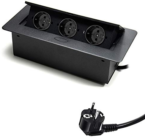 3 Fach Versenkbare Steckdosenleiste, Einbausteckdose Tischplatte Versenkte Steckdose, Tischsteckdose Versenkbar, Mehrfachsteckdose 230V mit 1.5M Kabel, Schwarz