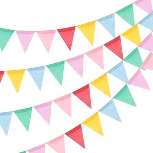 jijAcraft Wimpelkette Outdoor Wetterfest Bunt, 12M Wimpelkette Garten, Jute Wimpelgirlande mit 36 Stück Wimpel, 3 Stück Girlande Pastell für Geburtstagsfeier, Gartenparty, Camping