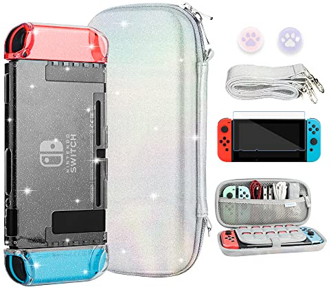 FANPL Glitzer-Schutzhülle für Nintendo Switch, Regenbogen Sparkle Tragetasche mit Harter Glitzer-Schutzhülle und Displayschutzfolie, 2 Daumengriffe, Schultergurt
