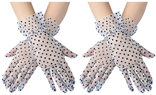 2 par polkaprickiga spetshandskar, tefesthandskar för kvinnor, eleganta korta bröllopshandskar, artighet sommar UV-handskar, Svart och vit, one size