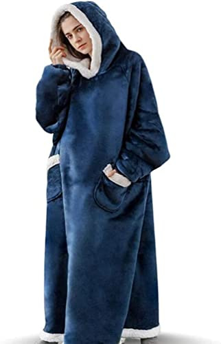 Seogva Extra Long Wearable Blanket Hoodie, Oversized Blanket Sweatshirt for Women and Men, Super Warm and Cozy Giant Hooded Blanket with Sleeves and Giant Pocket, Navy Blue
