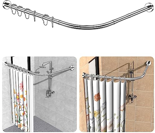 Duschvorhangstange ohne Bohren, 304 Edelstahl L Form Teleskopstange, 75-105 x 75-105 cm, inkl. 18 Ringe, ohne Deckenhalterung, Ecke Duschvorhangstange Rostfrei, für Badewanne & Dusche - Silber