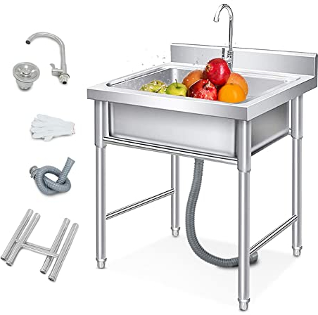 Spülbecken 304 Edelstahl Einzelne Schale Becken mit Wasserhahn Outdoor Garage Garten Camping Keller Ausgussbecken mit Backsplash Abfluss Sieb für Küche Werkstatt Bauernhaus Verpflegung (60x60x80cm)