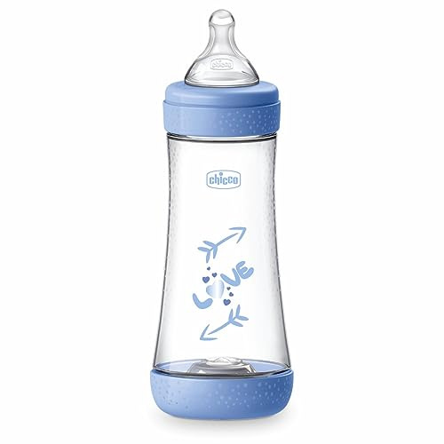 Chicco Perfect 5 Anticolic Flasche 300 ml, Fast Flow Flasche 4 Monate + mit weichem Silikonsauger, Biofunktionelle Flasche mit Intui-Flow System 300 ml, Blau