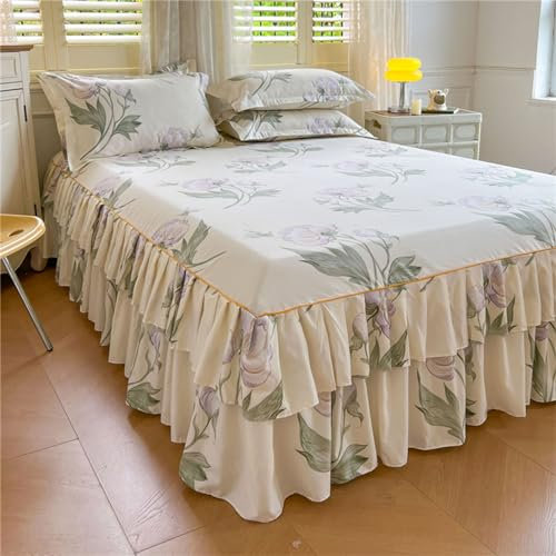 Odot Blumen Muster Bettrock Rüschen, Spannbettlaken mit Volant Elastische Bettvolants Matratzenschoner Spannbetttücher Spannbetttuch Bettlaken für Boxspringbetten (180x200cm,Lila Blumen)