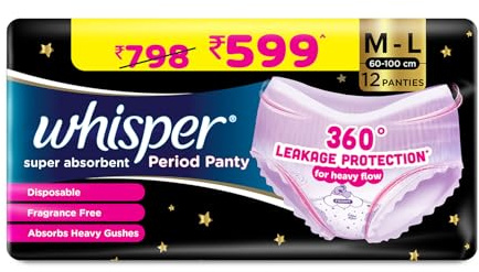 Whisper Bindazzz Nights Period Panty|12 Whisper M-L Period Panties 6+6 |360° leakage protection |Suitable for Heavy Flow|With disposable wrap