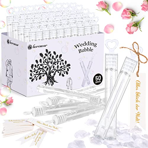 Herenear Seifenblasen Hochzeit Set mit Herzgriff, 50 Stück Wedding Bubbles, Seifenblasen Herzform Mini Bubbles 50er Anhänger, Seifenblasenröhrchen 100 pcs Blütenblätter für Verlobung Gastgeschenke
