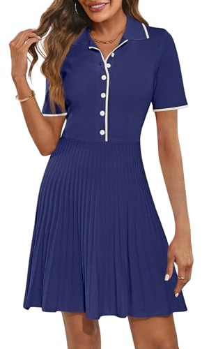 MEROKEETY Women's Summer Ribbed Knit Midi Dresses Short Sleeve V Neck Button A Line Swing Sweater Dress, Navy, Medium
