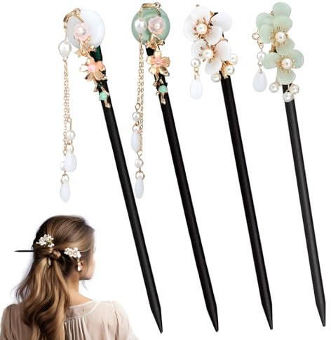 4 Stück Perlen Haarstab Holz Chinesische Holz Haarnadel Vintage Blumen Haarschmuck Blume Haarstock Perlen Haar Stäbchen für Mädchen Frauen Haar Zubehör