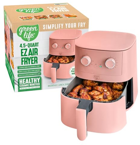GreenLife 4.5QT Air Fryer, Mechanical Dial Controls, PFAS-Free Ceramic Nonstick Drawer, Adjustable Temp & Timer, LED Indicator, Oil-Less Cooking, Dishwasher Safe, Compact Family Size, Pink