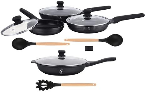 Stone&Stone Set de 4 sartenes 20 cm 24 cm 28 cm 32 cm súper antiadherente | inducción gas | sartén profesional de aluminio acero con revestimiento alemán + 4 tapas 4 herramientas sin PFAS