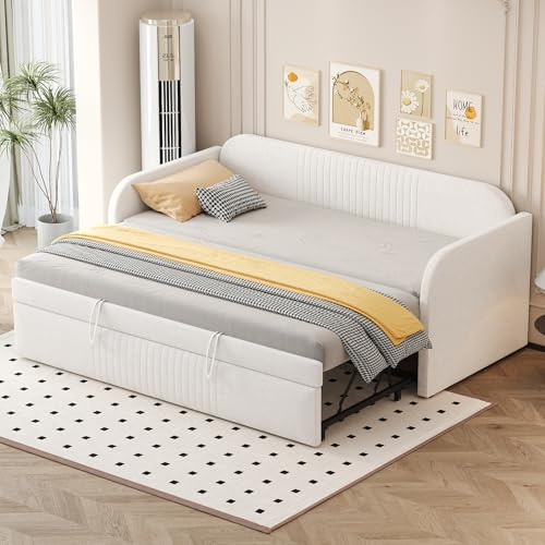 Soweiz Letto imbottito divano letto estensibile culla 90/180 x 190 cm, con rete a doghe, letto multifunzione, tessuto di lino comodo e traspirante (materasso non incluso) (beige)