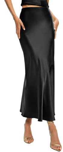 TZLDN Satin Rock Damen Lang Hohe Taille Skirt Elegant Seide Midirock Herbst Winter Midi Business Rock mit Reißverschluss Trachtenrock Schwarz M