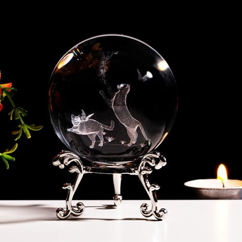 Sahoottie 60mm 3D Cats Crystal Ball Paperweight Cat Gifts for Women Cat Ornaments for Cat Lovers Witchy Gifts for Women