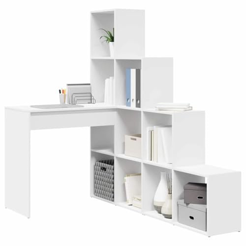 vidaXL White L-Shaped Corner Desk Wooden MDF with Large Storage Space, Easy to Clean, Scratch Resistant, Perfect for Home Office or Study