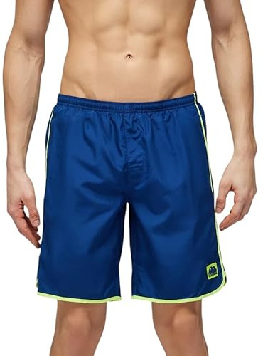 SUNDEK Costume da Bagno Sportivo da Uomo, Blu con Bordi Neon, Tessuto Ultraleggero in Poliestere, Asciugatura Rapida, per Nuoto e attività Acquatiche