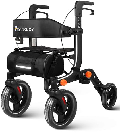 Flyingjoy Lightweight Rollator Walker with Seat for Seniors, Foldable Rolling Walker with 10 Large All-Terrain Puncture-Proof Tires, Adjustable Height, Hand Brakes, and Storage Bag (19.58 lbs)