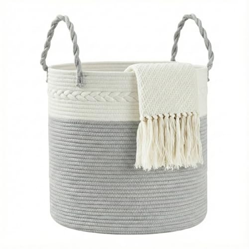 COSYLAND Cesto portabiancheria in cotone naturale - Pieghevole con manici portabiancheria sporca, Cesta portabiancheria per bagno, camera da letto e cameretta - 40x40x40cm (Grigio-bianco)