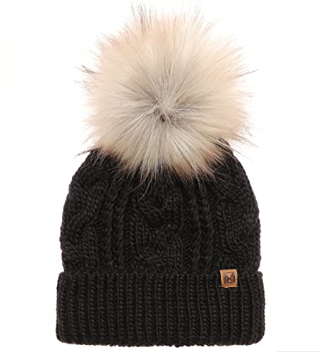 MIRMARU Kids Youth Boys & Girls Ages 7-12 Winter Thick Stretchy Cable Knitted Pom Pom Beanie Hat (FauxPom, Black)