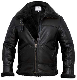 MARCO ENZOLANI Men B3 Bomber Jacket Aviator Real Shearling B3 Bomber Sheepskin Jacket Winter Black (Black, 3xl)