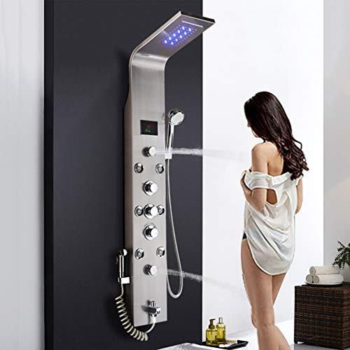 Rozin LED Duschpaneel Edelstahl Temperaturanzeige mit Duschkopf 8 Massagedüsen ABS Handbrause Wanneneinlauf und Bidet 6 Funktionen Duschsystem Nickel Gebürstet