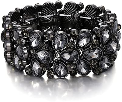 EVER FAITH Pulsera Brazalete Elástica Mujer Rhinestone Cristal Lágrima Agua Gota Colgante Retro para Regalo Novia Boda Gris