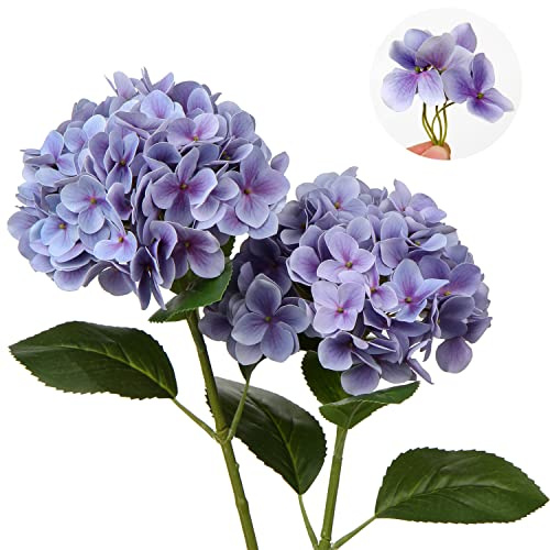 2 hortensias artificiales decorativas de color morado, flores falsas de seda de tacto real, tallo de 63 cm de largo para decoración del hogar, hotel, oficina, boda