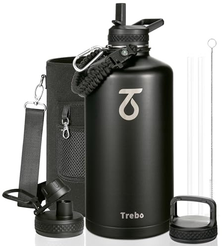 Trebo Bouteille d'eau isotherme de 3,6 l avec poignée en paracorde, carafe isotherme à double paroi en acier inoxydable de qualité alimentaire avec couvercles à poignée à bec verseur, étanche,noir