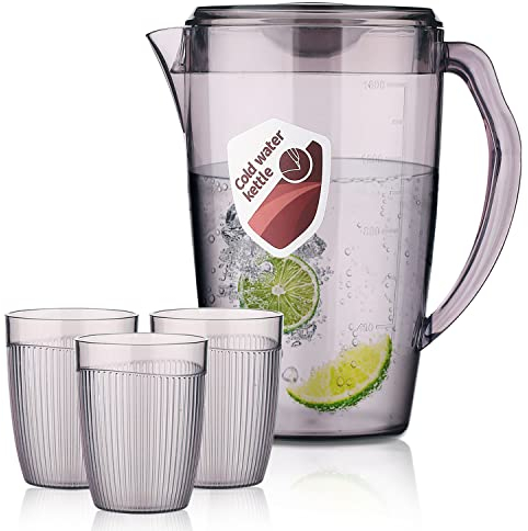 HOMQUEN Pichet en Plastique Avec 3 Tasses, Pichet à Eau de 60 oz/1,8 L Avec Couvercle, Pichet à thé Glacé, Carafe à Eau, Pichet, Carafe à Eau Avec Poignée Pour thé, Jus, Lait, Boissons (Gris)