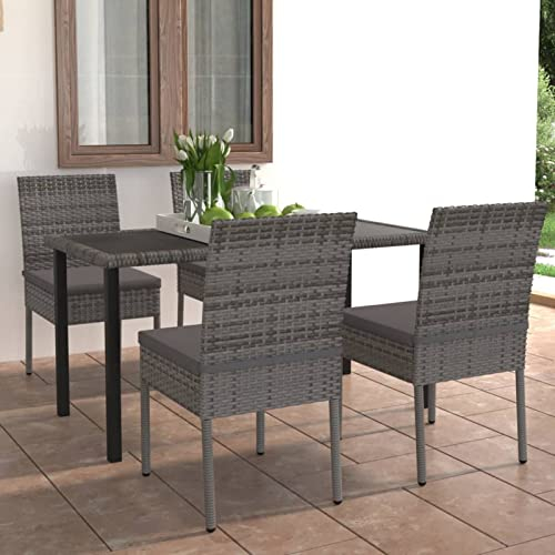 Gecheer 5-TLG. Garten Essgruppe 4 Personen, Terrassenmöbel Set, Sitzgruppe Esstisch mit Glas-Tischplatte & 4 Stühle mit Kissen, Gartenmöbel Set Poly Rattan Grau