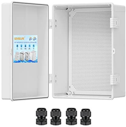 Outdoor Electrical Box Waterproof, ABS Plastic Junction Box IP67 Hinged Cover Project Box with Mounting Plate Wall Brackets and 4 Cable Glands, Grey Electrical Enclosure 15.7x11.8x7.1