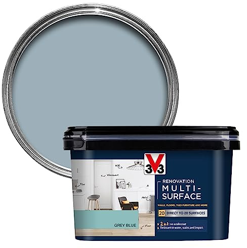 V33 Renovation Multi-Surface Paint - No Undercoat Needed - Over 20 Surfaces - Resistance To Water Stains & Impact - High Coverage - Grey Blue Satin 2 Litres