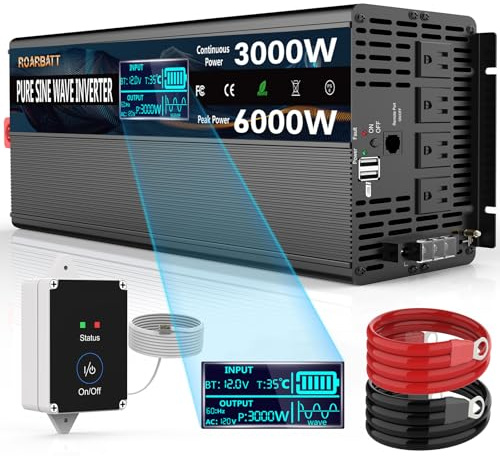 Pure Sine Wave Power Inverters 3000W 12V DC to AC 110V 120V Peak 6000W with Remote Control 4 Outlets,Dual USB Port,LED Display Terminal Blocks for Inverter Truck RV Car Solar System