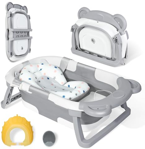Orzbow Baignoire Pliable Bébé,Baignoire Enfant avec Coussin Tapis de Bain BéBé,Brosse de Bain et Bonnet de Douche,Trou de Drainage et Pieds Antidérapants,pour Bébé de 0 à 24 Mois (Gris)