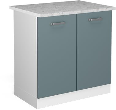 Vicco Spülenunterschrank R-Line, Küchenunterschrank für die Spüle, Blau-Grau/Weiß, 80 cm, AP Marmor