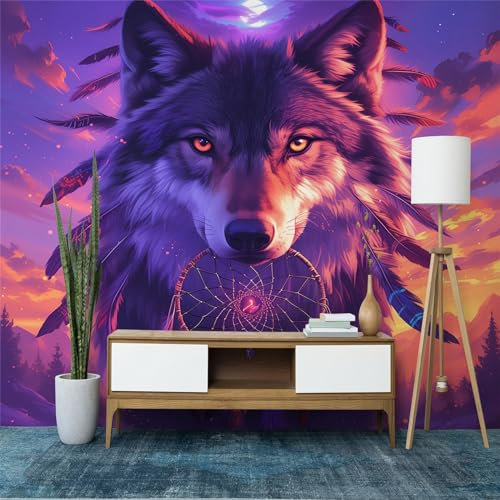 Fototapete Tier Wolf Traumfänger Wandtapete, Moderne Vlies Tapeten für Schlafzimmer und Wohnzimmer Lila Wandtapete Wanddekoration 250 x 175 cm (WxH) Wandbild