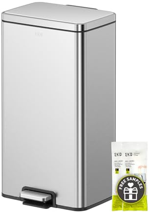 EKO Madison Mülleimer Küche 30L, Abfalleimer mit Pedal aus Fingerabdruckfreiem Edelstahl, Soft-Close Deckel & Inneneimer, Rechteckiger Kompakter Tretmülleimer mit Elegantem Robustem Design