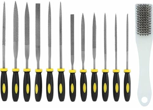 PRIMEGA Set med 13 nålfilar, små träfiler och rivjärn - set med diamantfilar med ståltråd rengöringsborste för trä, glas, metall, hantverkssten