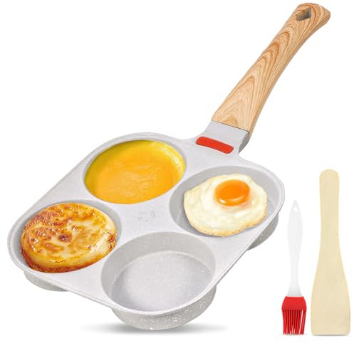 Padella per uova fritte, padella per pancake a induzione a 4 fori con spazzola in silicone, spatola in legno, padella in alluminio antiaderente facile da pulire per colazione, hamburger con uova fritt