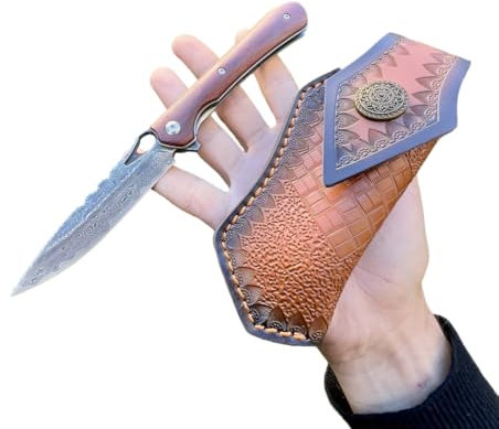 Obespina Couteau Pliant Poche Damas Style Japonais Acier 67 Couches VG10 Damascus lame Linerlock Tranchante Manche bois Collection Cadeau Homme étui camping chasse custom luxe forge