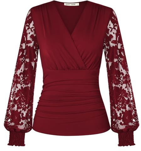 GRACE KARIN Femme Élégant Haut Dentelle Col V Croisé Sexy Blouse Portefeuille Plissé Ajusté Festif Rouge foncé L