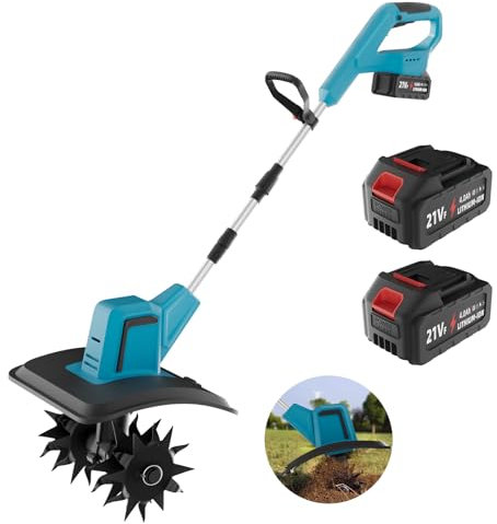 Motobineuse Electrique, 21V Motobineuse Electrique sans Fil avec 2 × 4.0Ah Batterie, 550W Moteur sans Balais, Interrupteur à Double Sécurité, 200MM Largeur et 150MM Profondeur, pour Cultivate