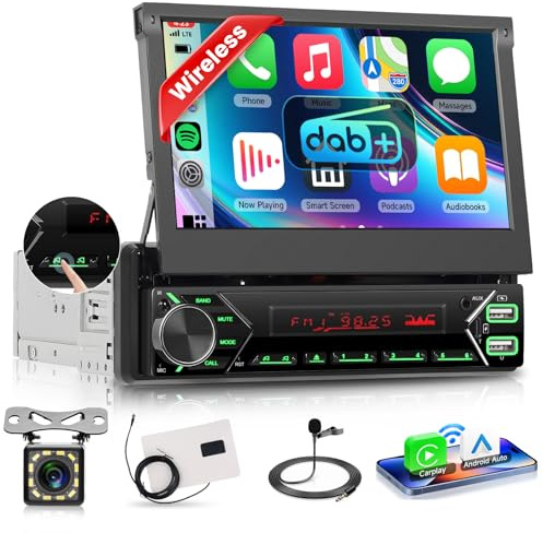 Single Din Radio 𝐰𝐢𝐭𝐡 𝐃𝐀𝐁 Wireless Carplay Single Din Stereo,7 IPS Motorized Flip Out Car Radio Car Play Android Auto Bluetooth Mirror Link Type-C/USB/AUX SWC Car Audio+Backup Camera 1Din
