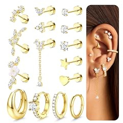 JeweBella 15Pcs Pendientes Mujer Piercing Oreja Acero Quirúrgico 20G Aros Pequeños Pendientes Helix Cartílago Piercing Tragus Conch Oro/Plata