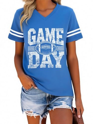 Football Shirts for Women Game Day Tshirt Football Team Fans Gift Tees Sport Season Short Sleeve Tops Blue