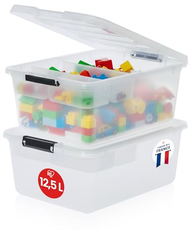 Iris Ohyama 2 Cajas de almacenamiento con tapas y Bandeja Interior, 12.5L, Transparente, Clips de Cierre, Duradero, Apilable, para Dormitorio, Armario, Oficina, Libre de BPA, FTB-12.5