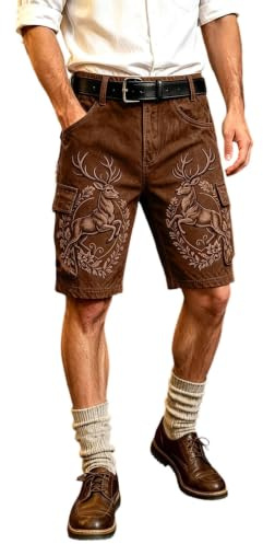 HGNTYZUN Pantalones cargo cortos para hombre con cinturón tradicional cargo pantalones tradicionales vintage para Oktoberfest de piel nobuck Lugano ciervo estampado pantalones de verano al aire libre